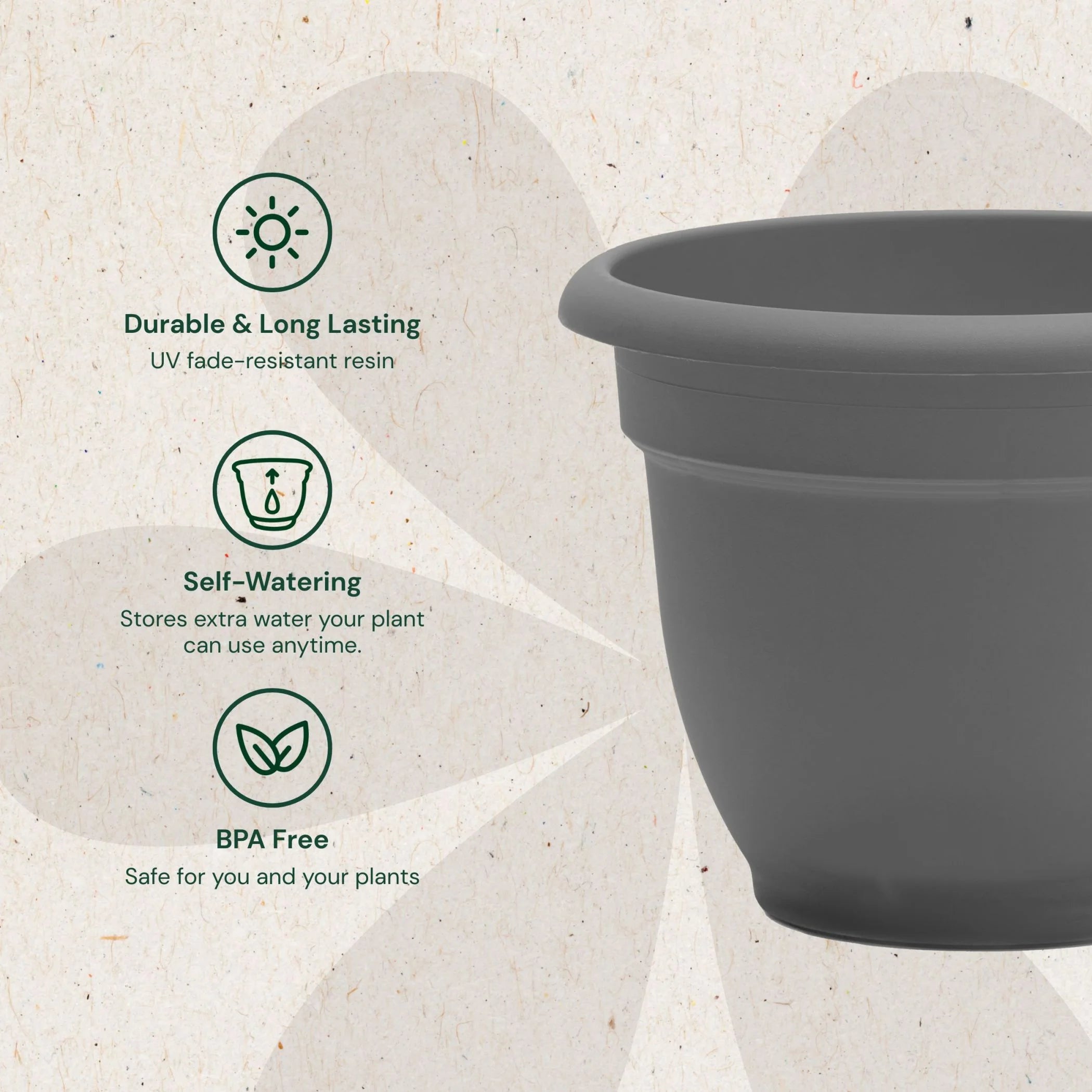 Ariana 16" Self-Watering Plastic Planter - Rolled Rim Indoor/Outdoor Garden Pot, Charcoal